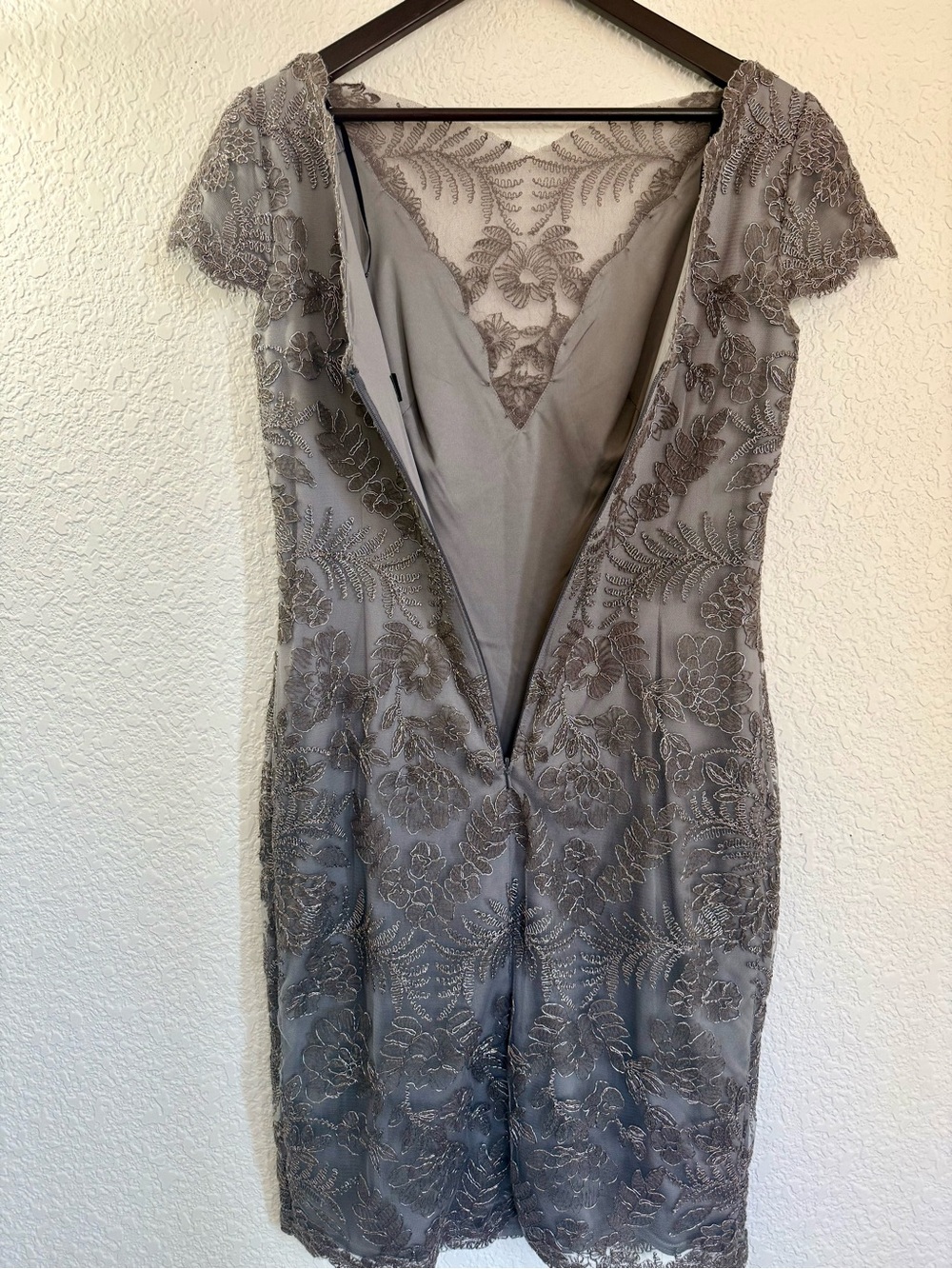 Tadashi Shoji Pemba Lace Sheath Dress | Metallic Smoke Embroidered Illusion Dres - Picture 7 of 13
